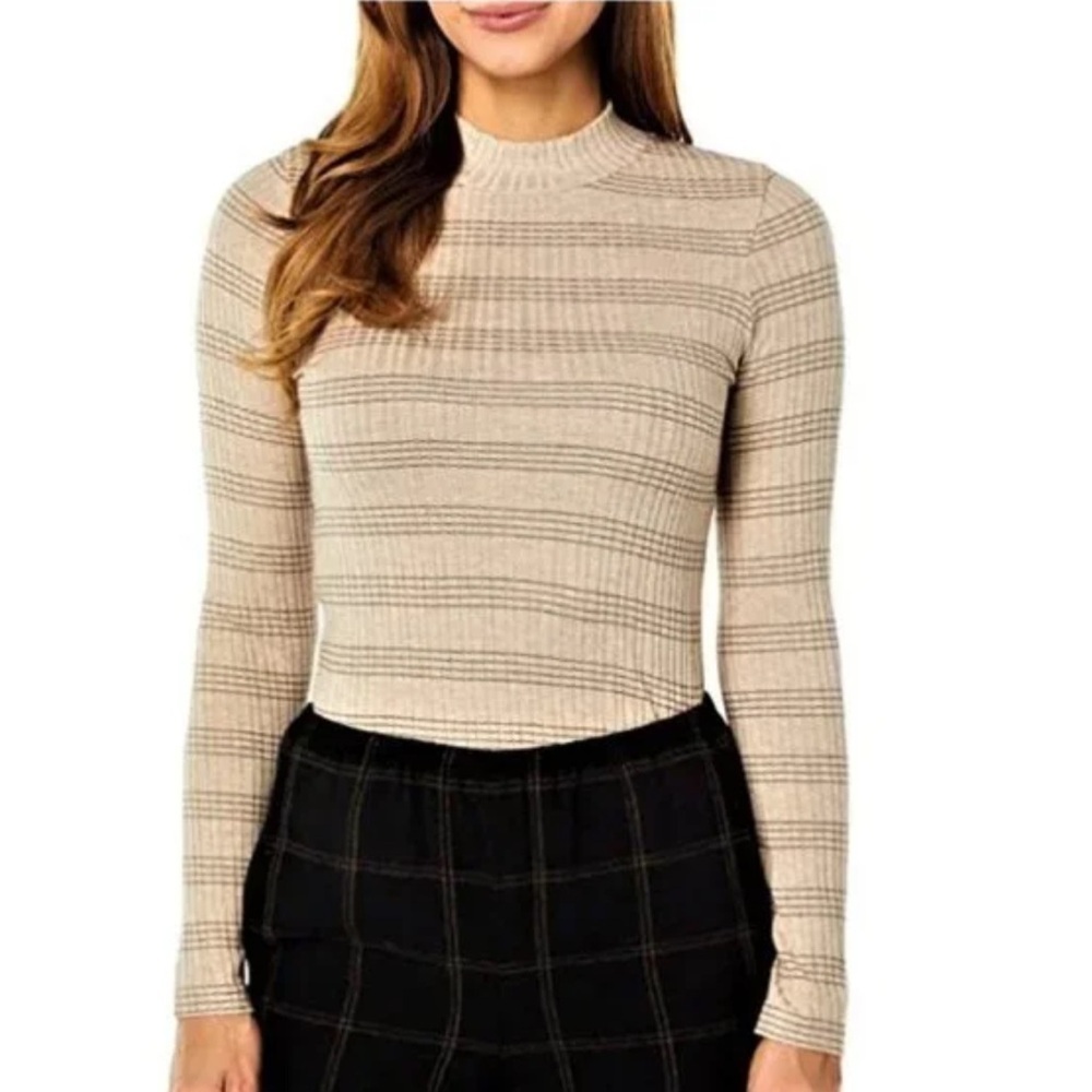 Vince Variegated Rib Striped Mock Neck Sweater in Wheat/Dark Almond